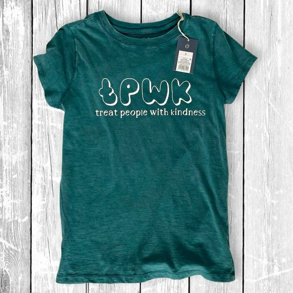 Treat People With Kindness graphic tee dark green cotton, womens small